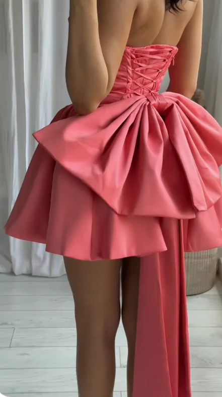 Classy Pink Strapless A-Line Satin Homecoming Dresses Short Birthday Outfits Cocktail Dress With Bow  S373
