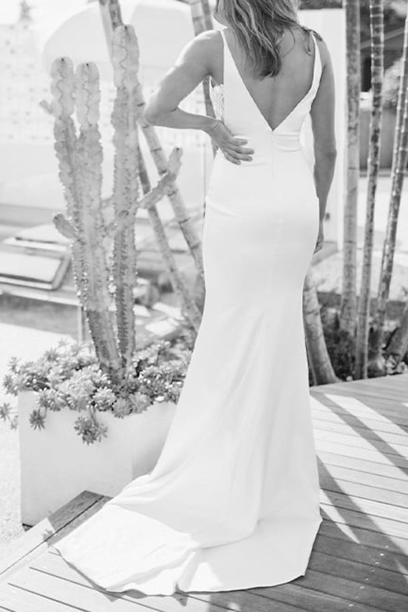 K1348 - V-Neck Spaghetti Straps Lace Satin Mermaid Long Wedding Dress - Fashionpara
