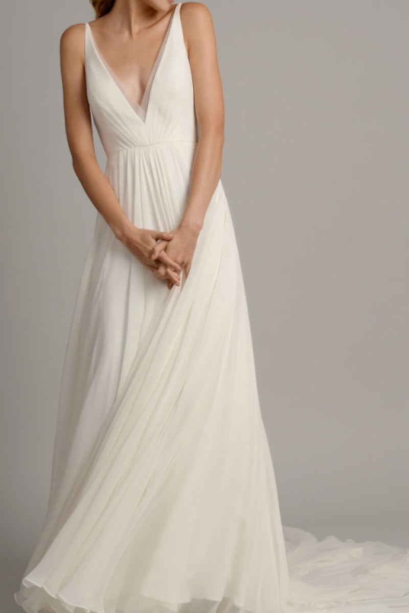 K1359 - Low V-Neck Spaghetti Straps Ruched Tulle A-Line Long Wedding Gown - Fashionpara