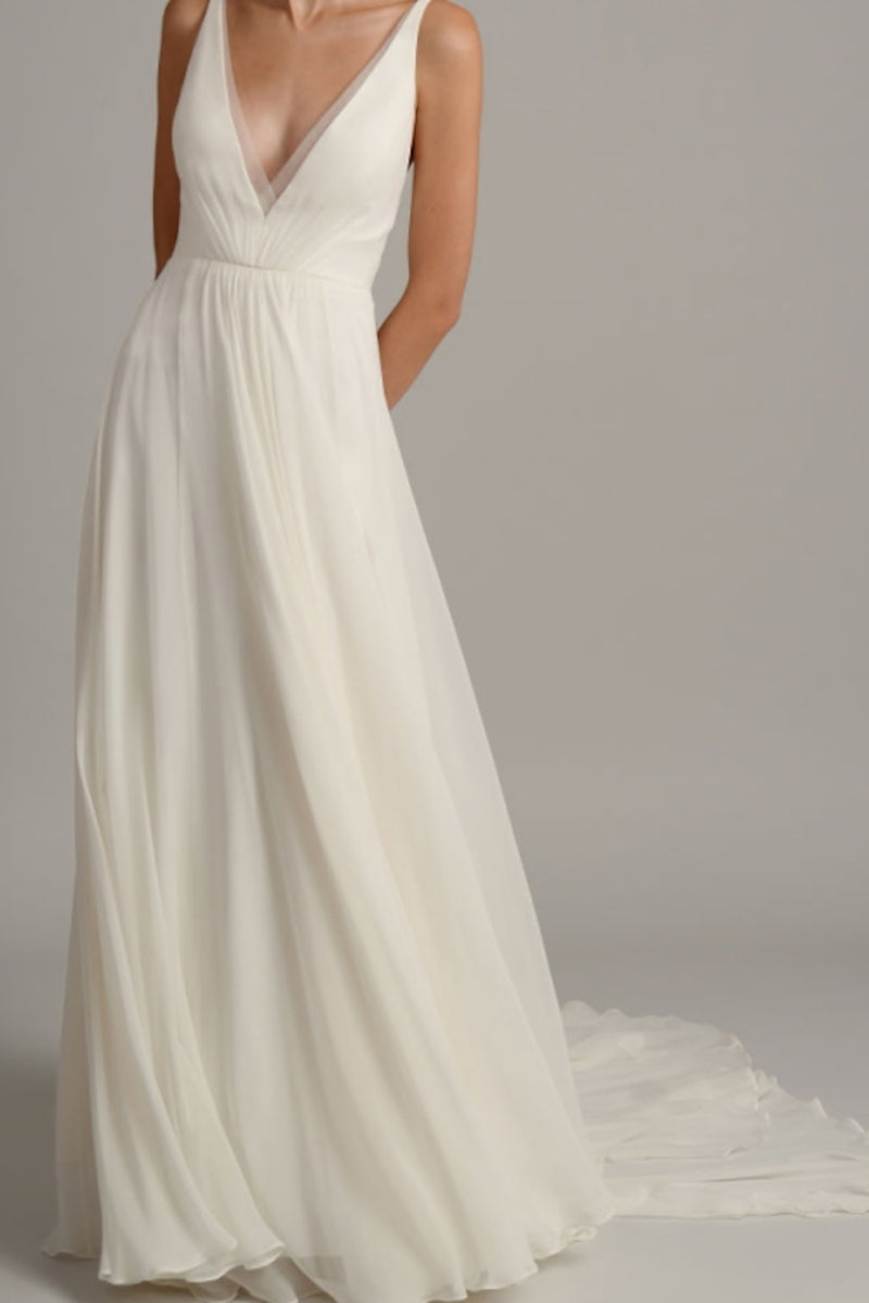 K1359 - Low V-Neck Spaghetti Straps Ruched Tulle A-Line Long Wedding Gown - Fashionpara