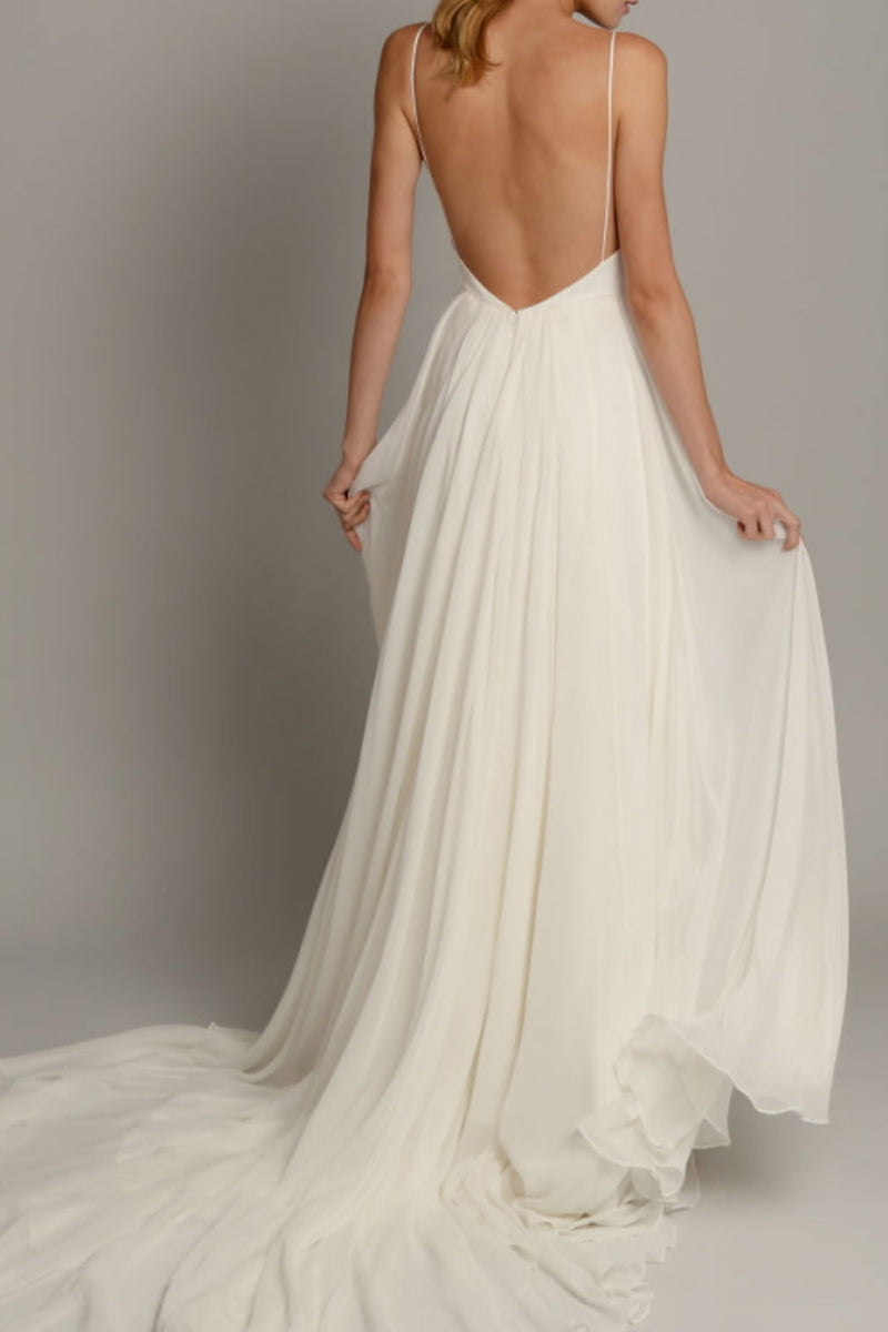 K1359 - Low V-Neck Spaghetti Straps Ruched Tulle A-Line Long Wedding Gown - Fashionpara