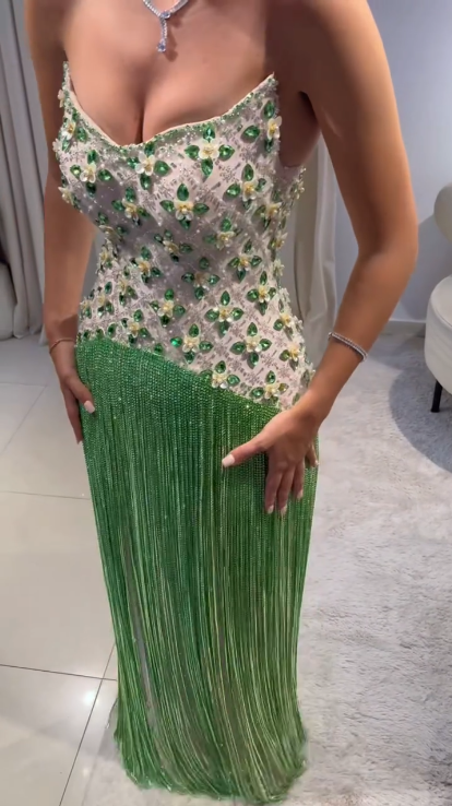 Luxury Strapless Satin Beaded Tassel Green Long Prom Gown Formal Evening Dress D876