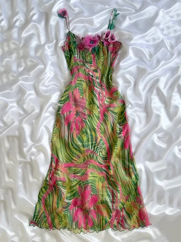 Vintage Spaghetti Straps Chiffon Print Floral Long Prom Dress Formal Birthday Party Dress D709