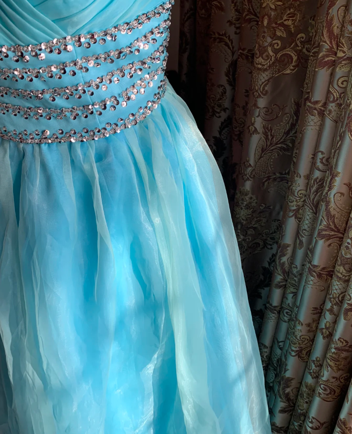 Cute Off The Shoulder Blue Tulle Beaded A Line Princess Party Dress Long Evening Gown D1714