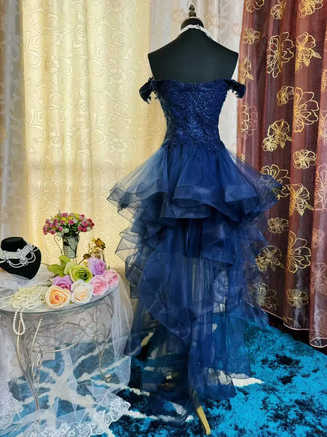 Vintage Navy Blue Tulle Appliques A Line Short Homecoming Dress Off The Shoulder 19th Birthday Outfits D725