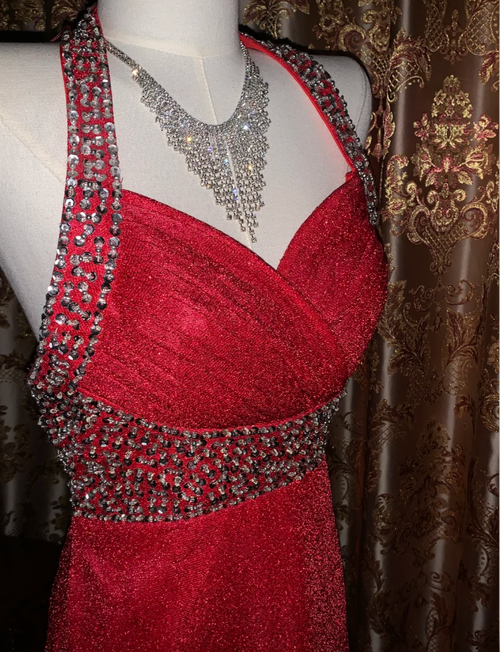 Glitter Halter Red Tulle Sequin Beaded A Line Long Party Dress Evening Dress D1713