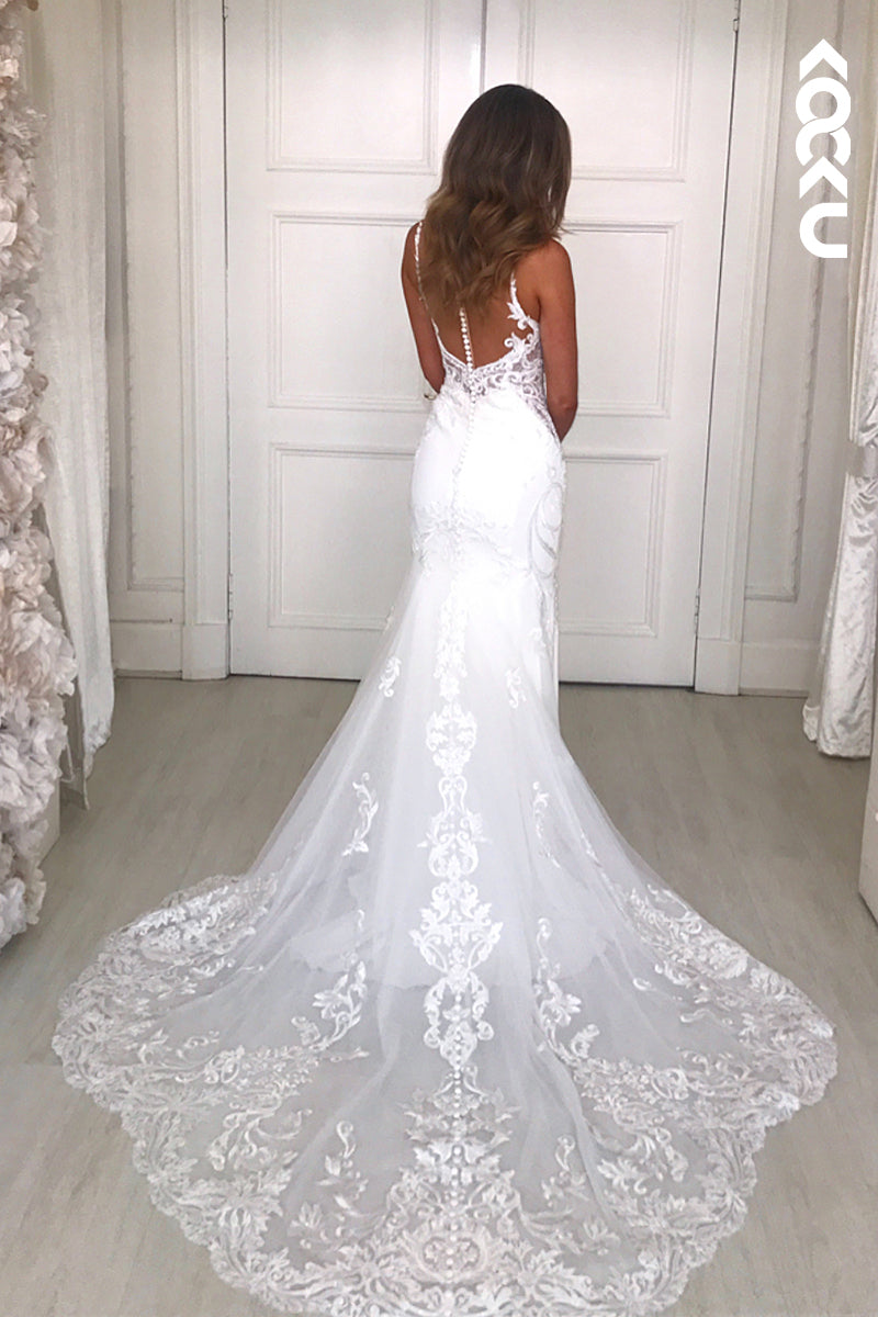 K936 - Trumpet/Mermaid V-Neck Satin Appliques Sleeveless Mermaid Wedding Dress - Fashionpara