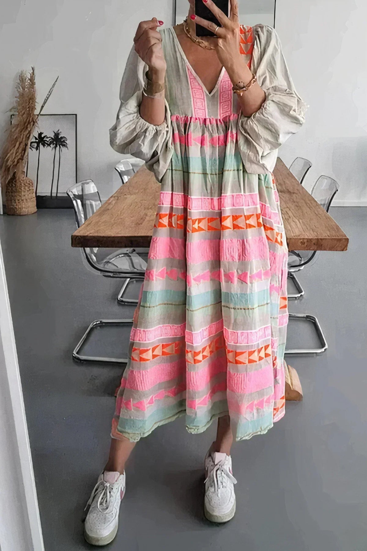 V-Neck Embroidered Trim Puff Sleeve Empire Waist Midi Dress