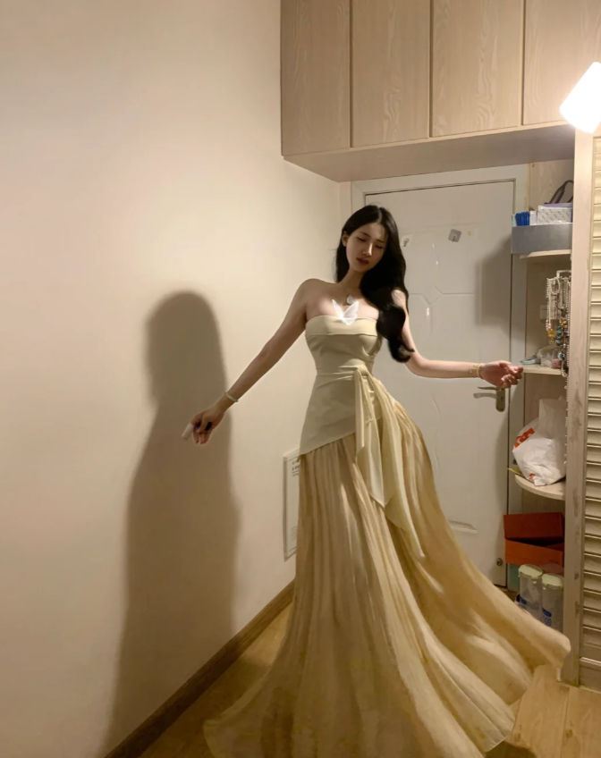 Sexy Strapless Apricot Satin Mermaid Long Prom Gown Formal Birthday Party Dress D841