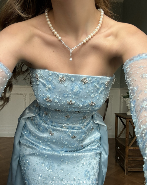 Classy Strapless Light Blue Satin Tulle Beaded Mermaid Prom Dress Long Party Gown D871