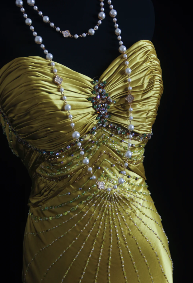 Stylish Strapless Gold Satin Pleated Beaded Mermaid Long Birthday Party Dress Evening Dress D1684