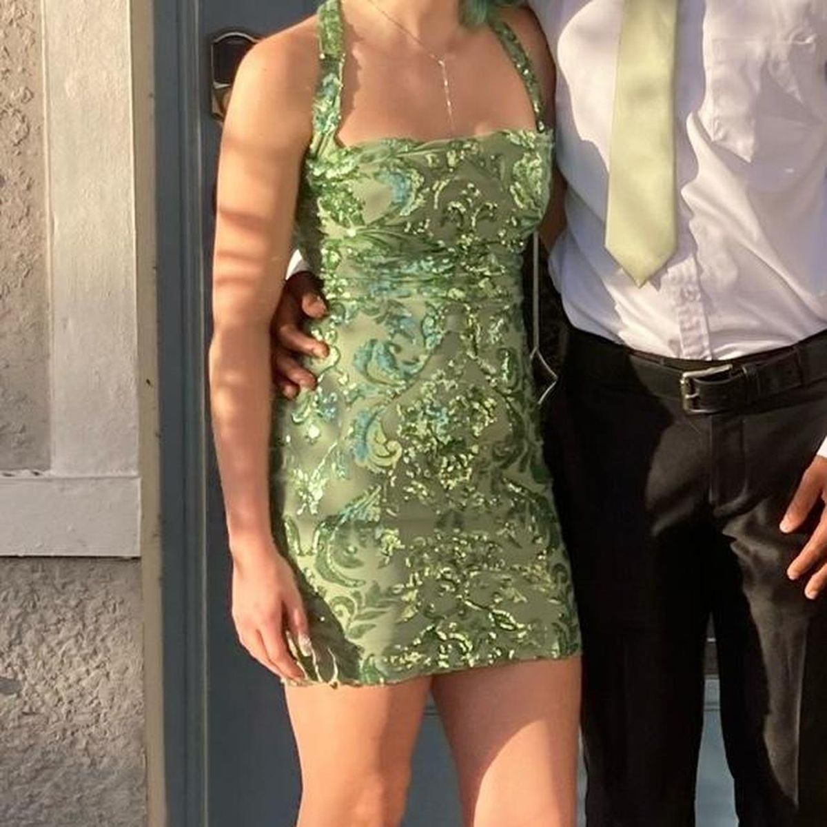 Unique Olive Green Halter Satin Sequin Short 6th Grade Homecoming Dress Formal Birthday Outfits D138