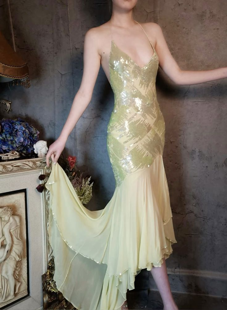 Sparkly Halter Yellow Sequin Chiffon Mermaid Evening Dress Long Birthday Party Dress D1476