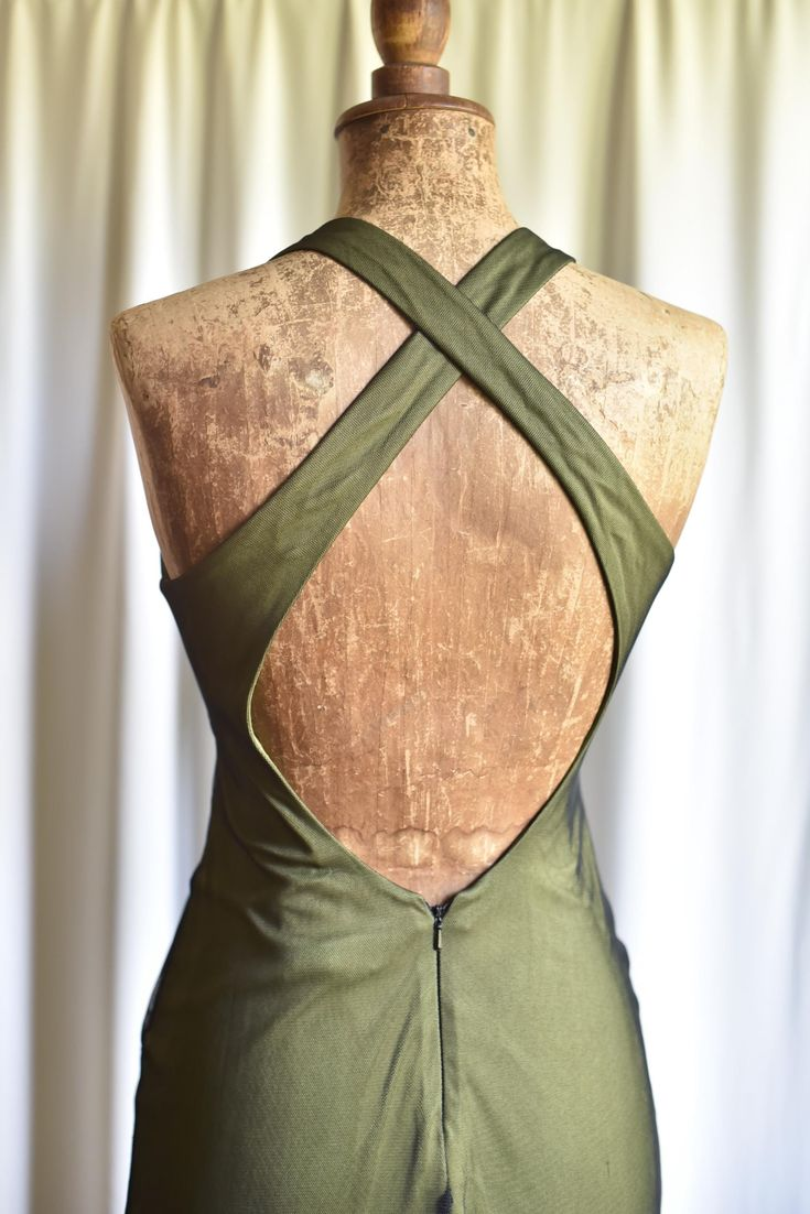 Vintage Olive Green Satin Tulle Beaded Mermaid Evening Dress Backless Long Party Dress D1405