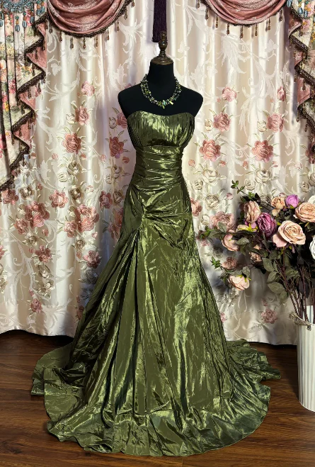 Retro Green Strapless Satin Pleated Mermaid Evening Dress Long Prom Gown D1065