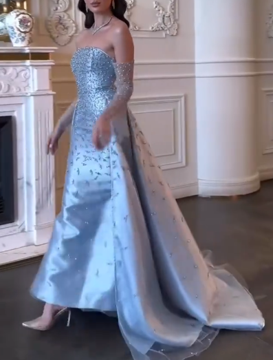 Gorgeous Blue Satin Tulle Beaded Mermaid Evening Dress Long Birthday Party Dress D1252