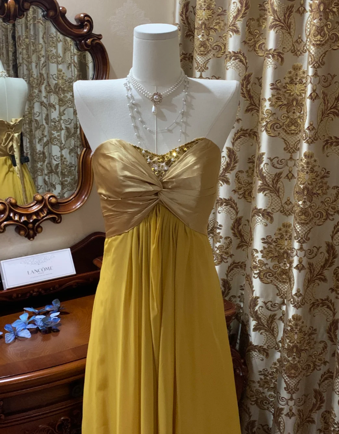 Stylish Strapless Beaded Satin Chiffon Long Wedding Guest Dress Formal Birthday Party Dress D1717