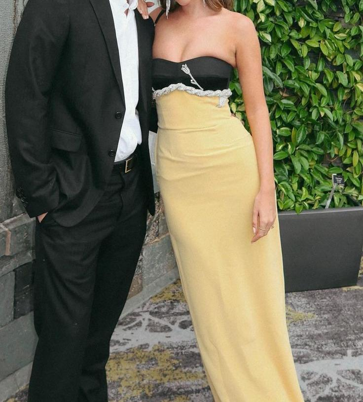 Cute Yellow Strapless Satin Sheath Long Wedding Guest Dress Party Dress D1310