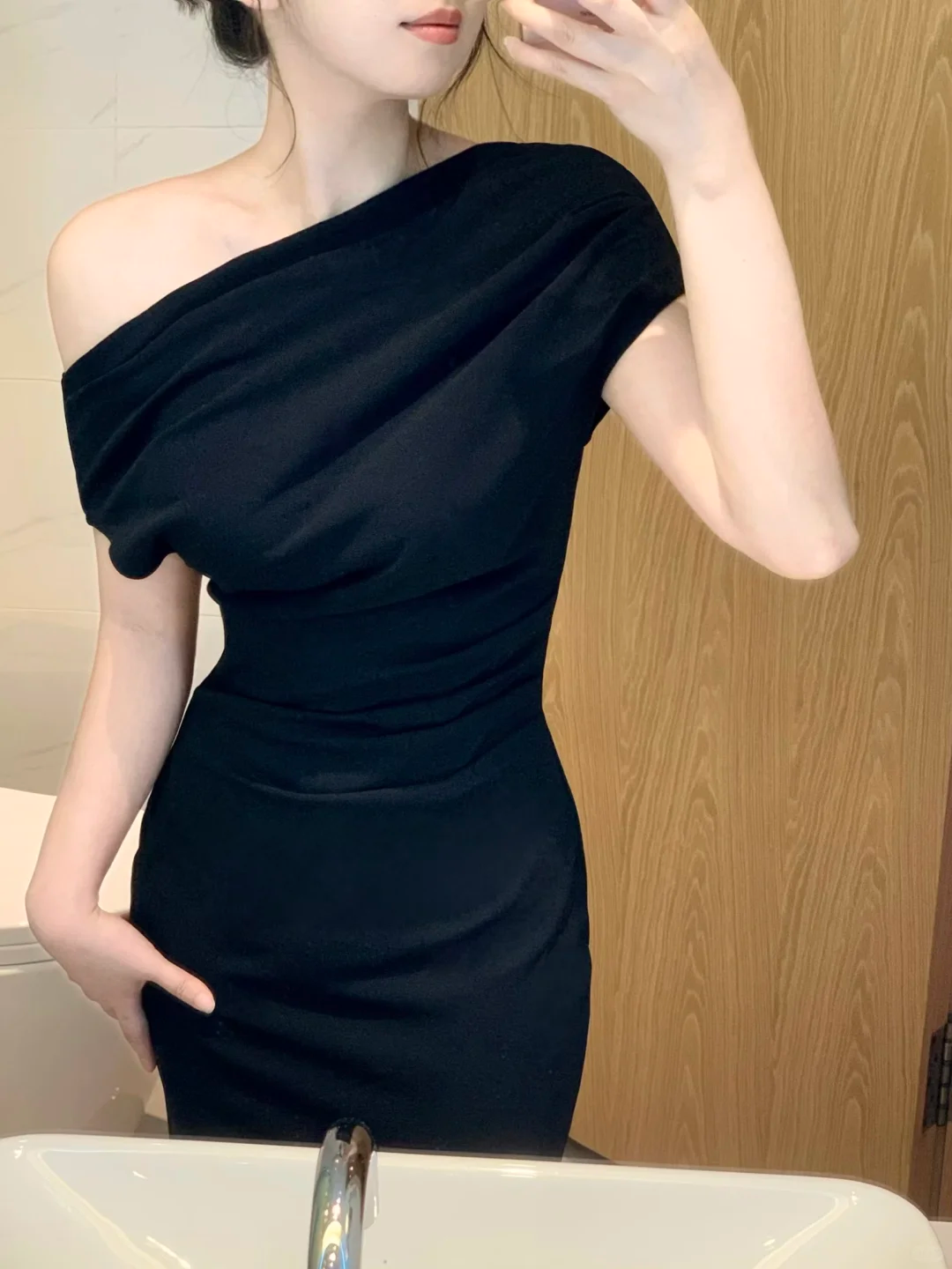 Sexy Black One Shoulder Satin Sheath Party Dress Cocktail Dress S323