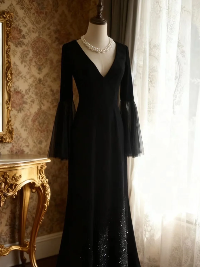 Elegant Black V Neck Satin Sequin Mermaid Party Dress Birthday Prom Gown D1271