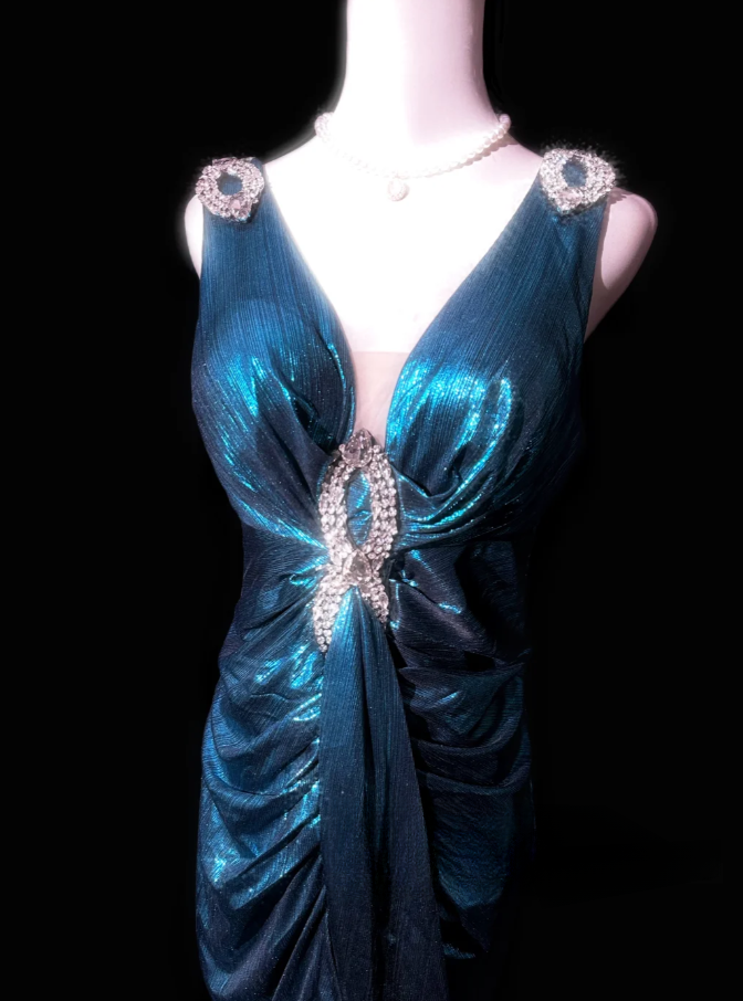 Charming V Neck Blue Satin Beaded Mermaid Evening Dress Long Party Dress D983