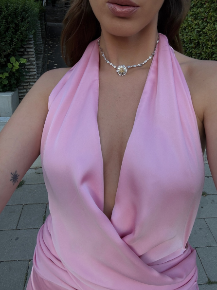 Classy Halter Pink Satin Long Party Dress Formal Bridesmaid Dress D685