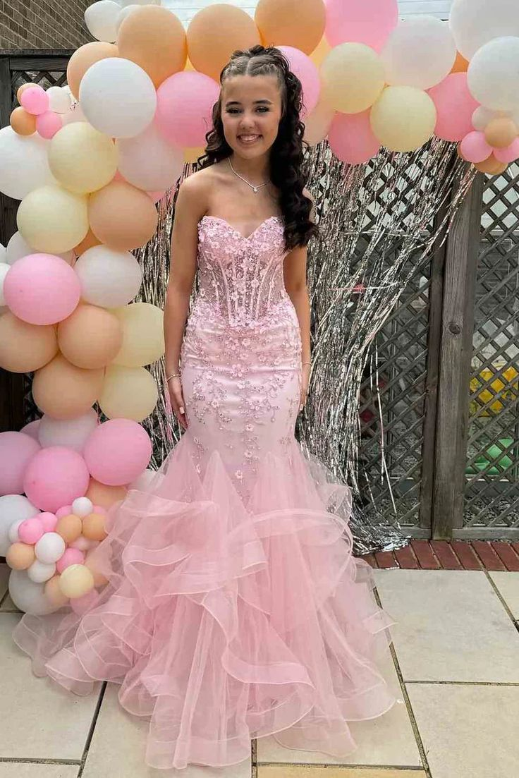 Pretty Strapless Pink Tulle Appliques Beaded Mermaid Party Dress Long Evening Gown D1576