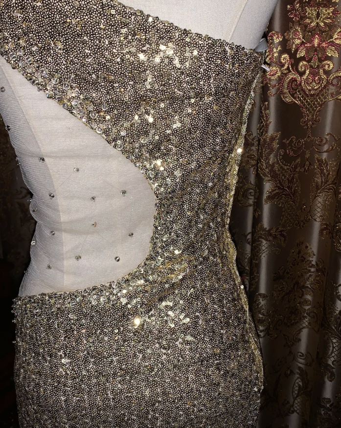 Sparkly Gold One Shoulder Sequin Mermaid Evening Dress Long Party Gown D1722