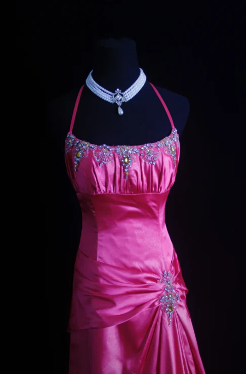 Pretty Halter Hot Pink Satin Pleated Beaded Evening Dress Backless Long Birthday Party Dress D1044