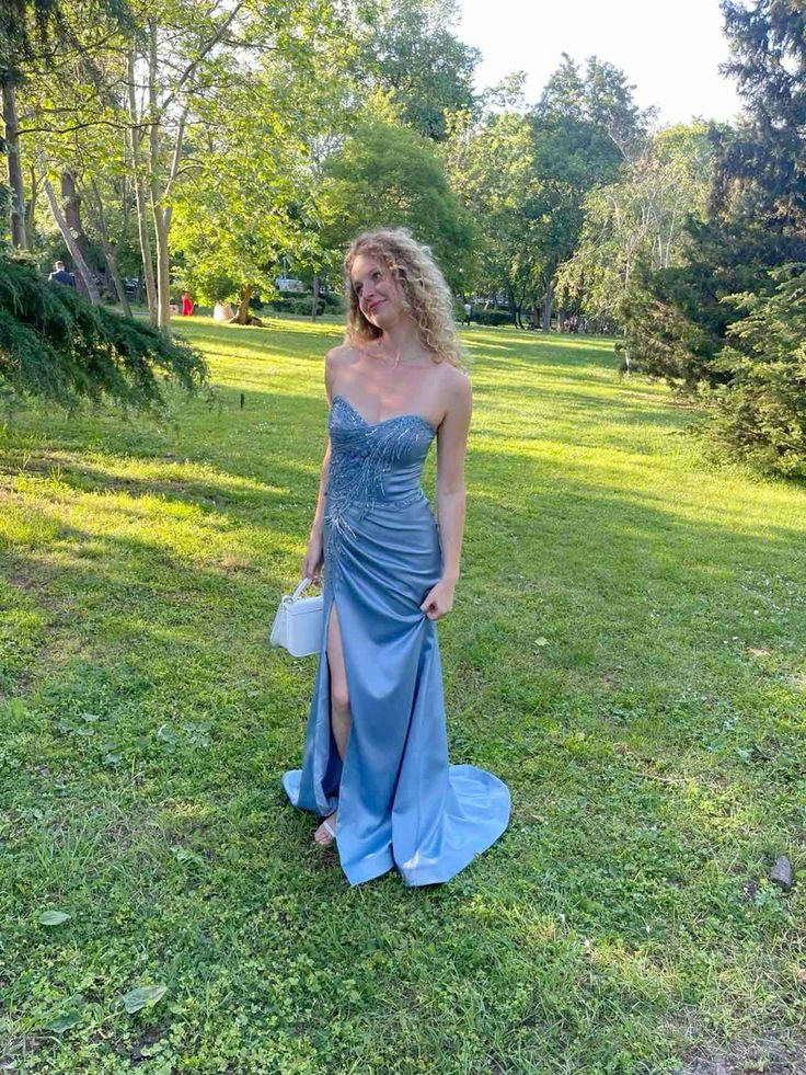 Charming Blue Strapless Satin Pleated Beaded Slit Mermaid Evening Dress Long Party Gown D954