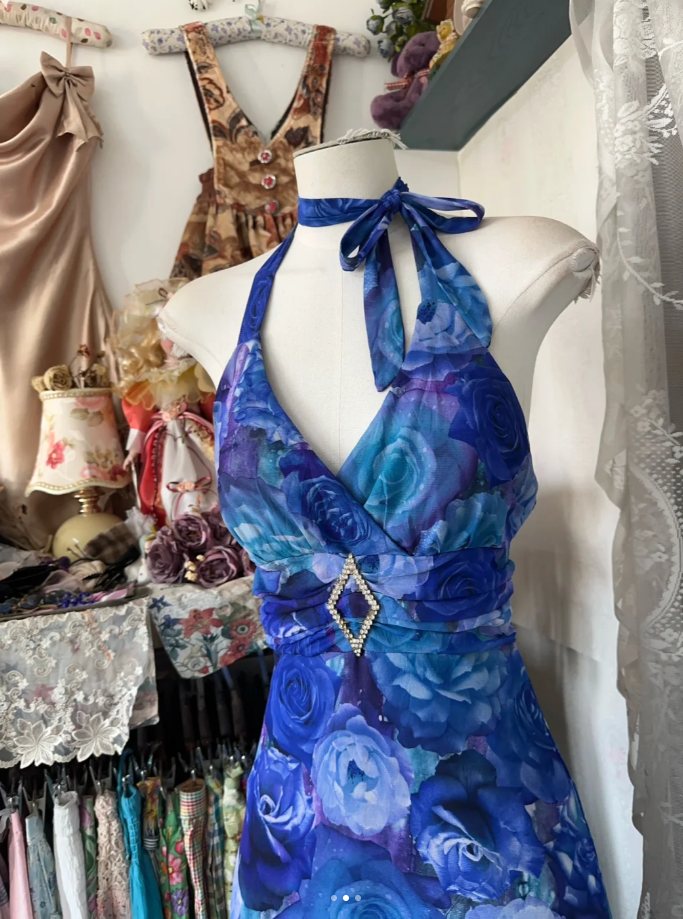 Unique Halter V Neck Blue Print Floral Mermaid Long Evening Dress Birthday Prom Gown D1618