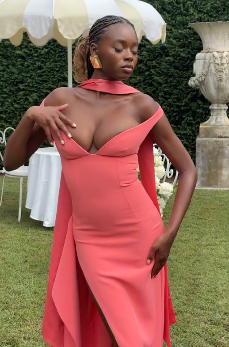 Elegant V Neck Coral Pink Side Slit Mermaid Long Wedding Guest Dress Party Dress D1626