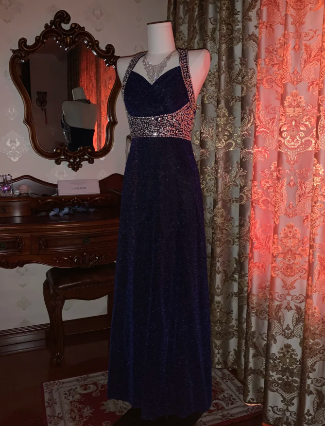 Pretty Halter Navy Blue Sequin Beaded Mermaid Long Evening Dress Birthday Party Dress D1723