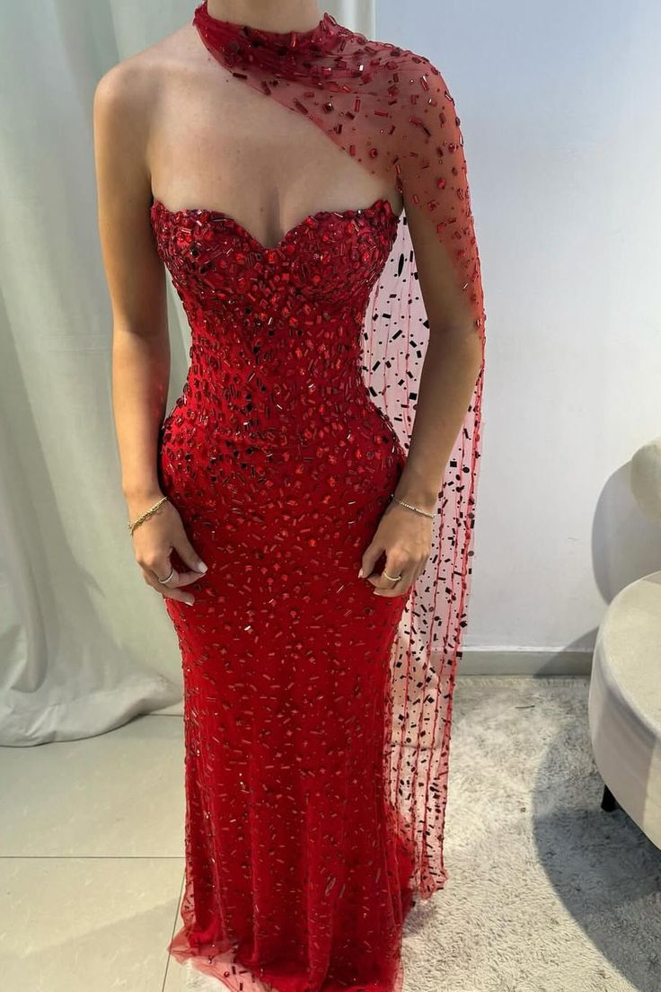 Gorgeous Red Strapless Tulle Beaded Mermaid Evening Dress Long Party Gown  D835