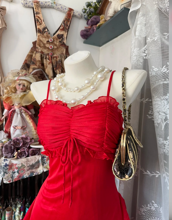 Classy Spaghetti Straps Red Tulle Chiffon Mermaid Evening Dress Long Party Dress D1658