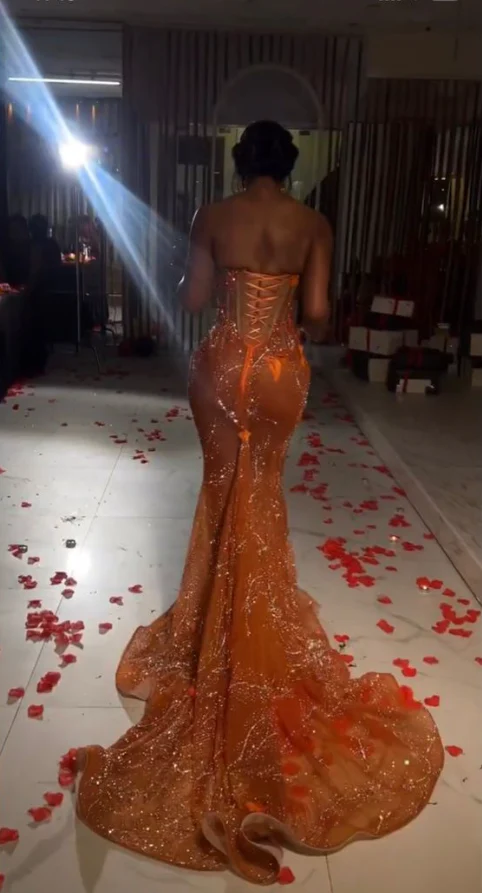 Classy Mermaid Sweetheart Orange Tulle Sequin Evening Gowns Long Prom Dress S2702