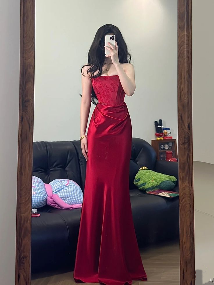Pretty Strapless Red Satin Pleated Mermaid Evening Dress Long Party Gown D1615
