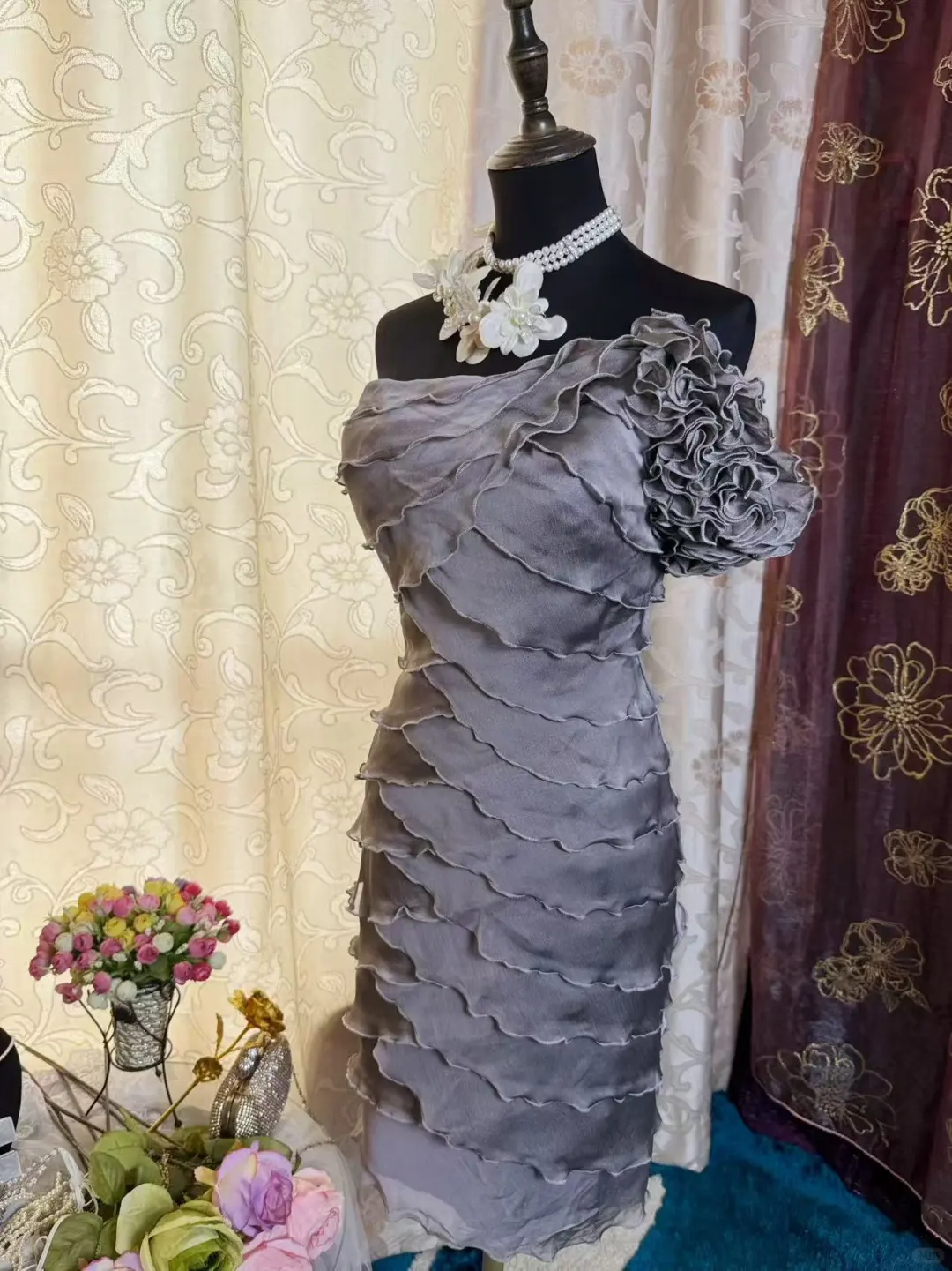 Vintage One Shoulder Gray Chiffon Sheath Cocktail Dress Formal Graduation Homecoming Dress D454