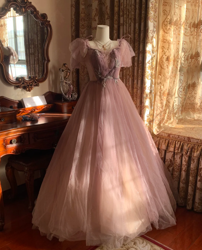 Sweet Tulle Sequin Beaded Ball Gown Pink Long Evening Dress Birthday Party Dress D1773