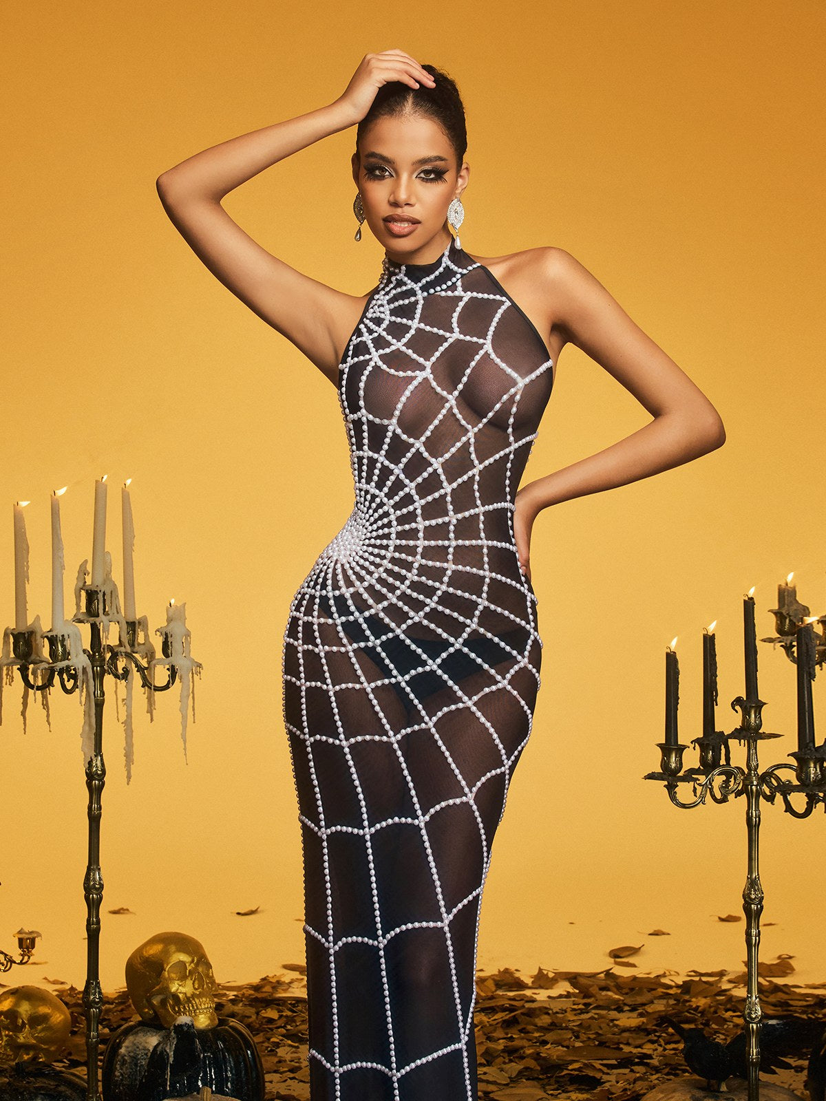 Mesh High Neck Pearl Beaded Cobweb Bodycon Maxi Gown - View 2
