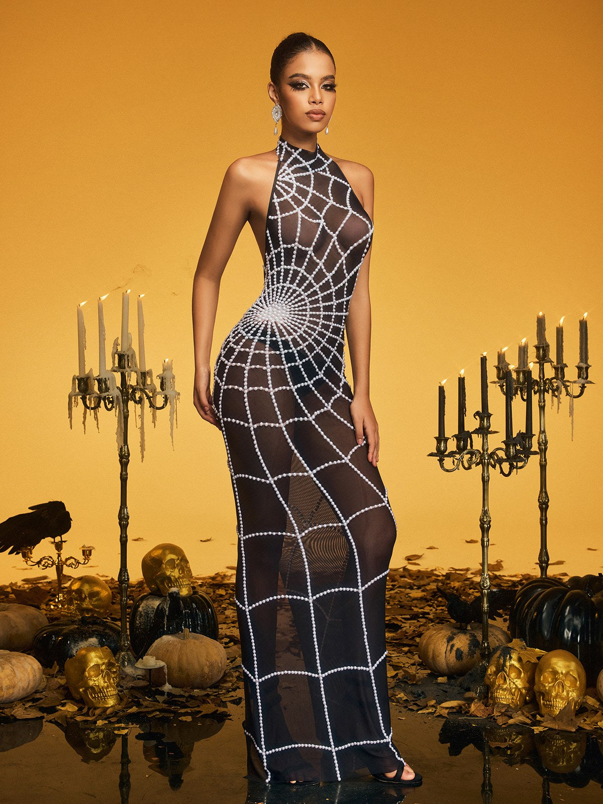 Mesh High Neck Pearl Beaded Cobweb Bodycon Maxi Gown - View 5