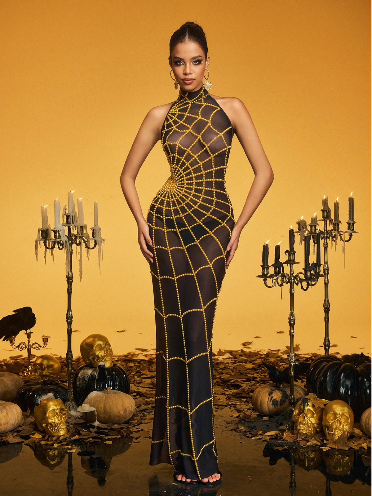 Beaded Spiderweb Halter Neck Mesh Bodycon Maxi Gown