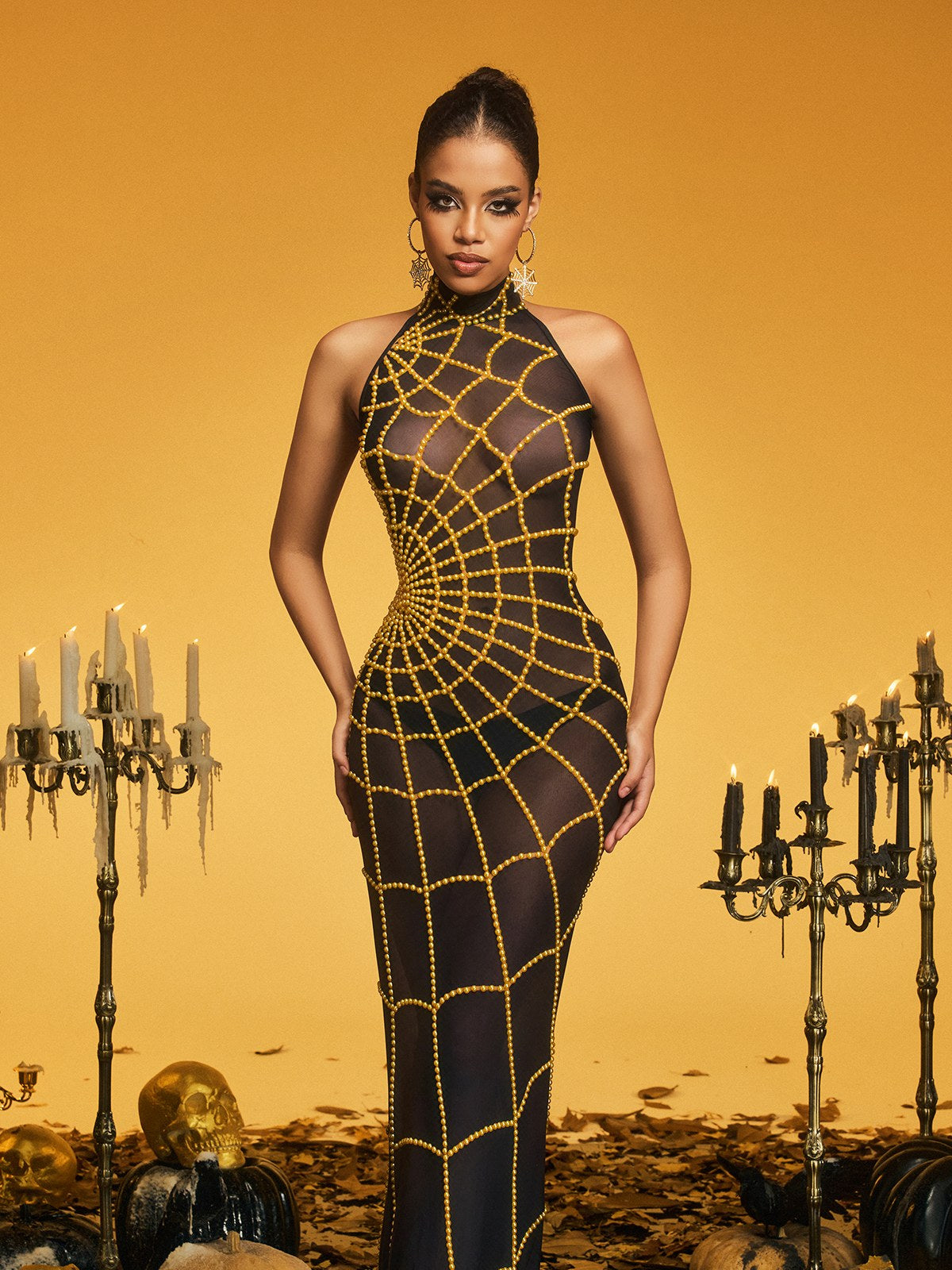 Beaded Spiderweb Halter Neck Mesh Bodycon Maxi Gown - View 3