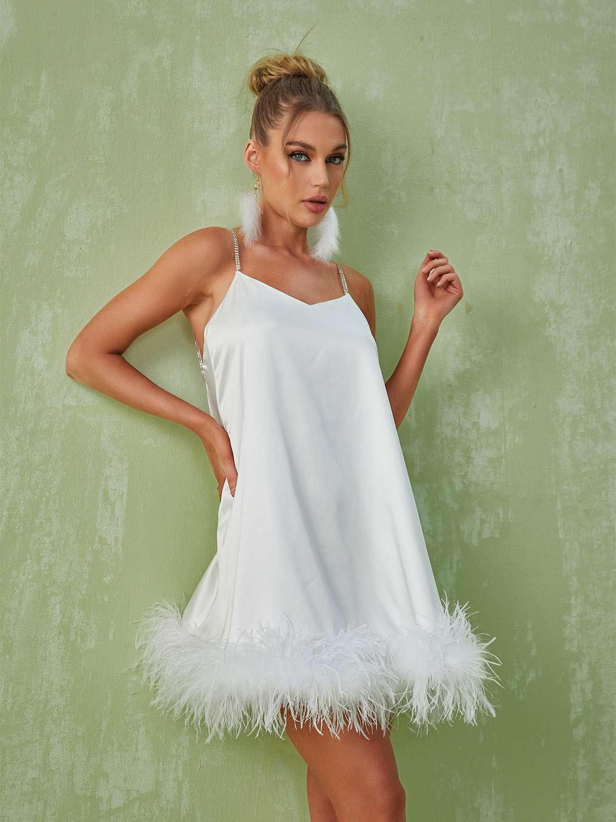 Kamaria Spaghetti Feather Mini Dress In White