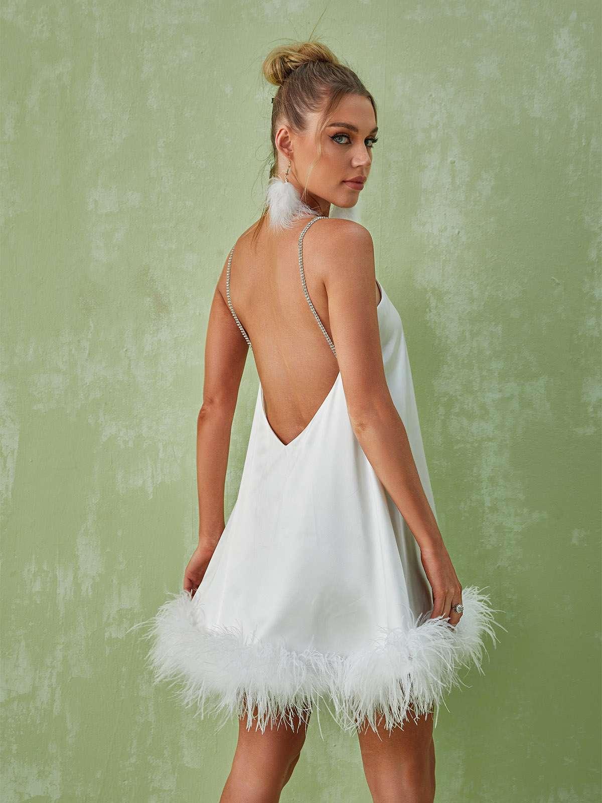 Satin V-Neck Feather Trim Hem Shift Mini Dress 5