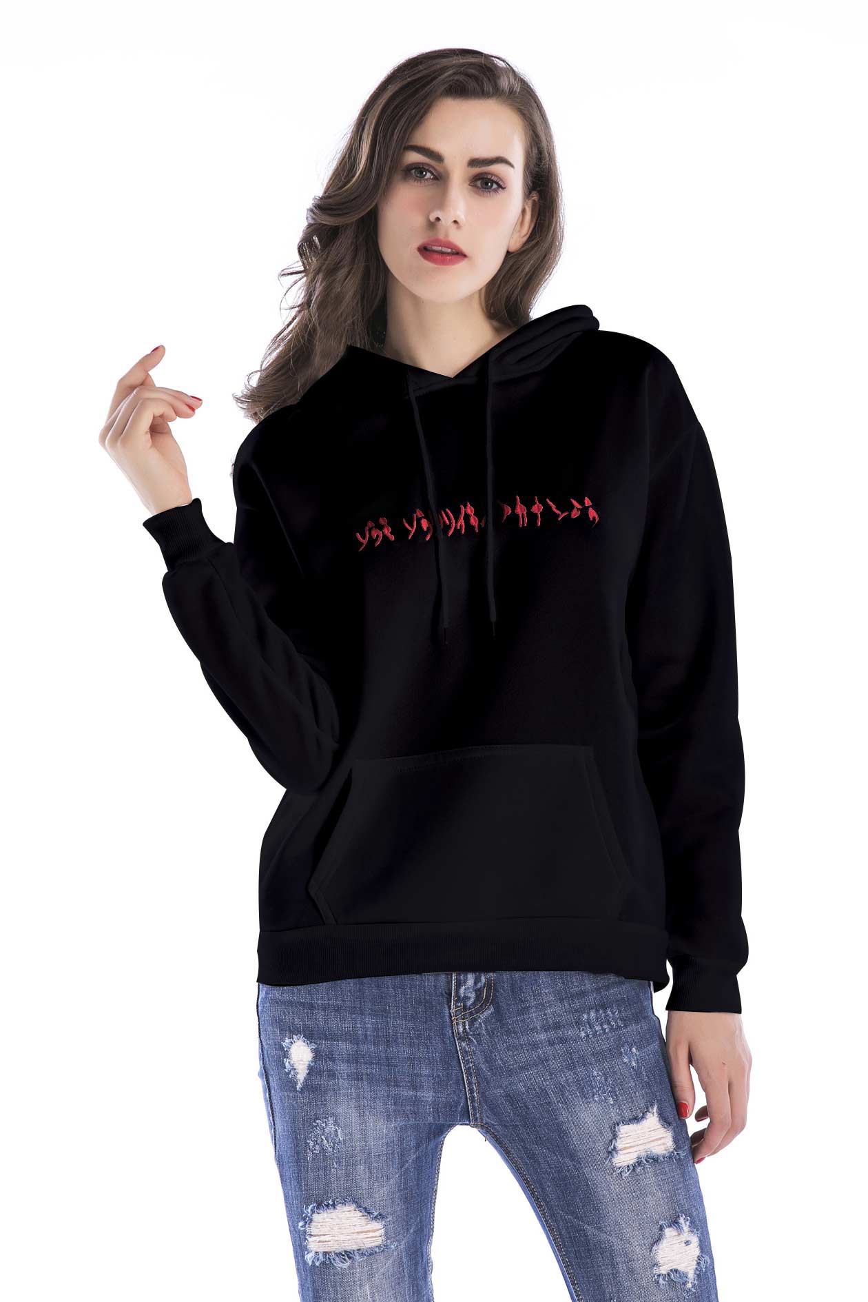 Kangaroo Pocket Embroidered Drawstring Sweatshirt - Mislish