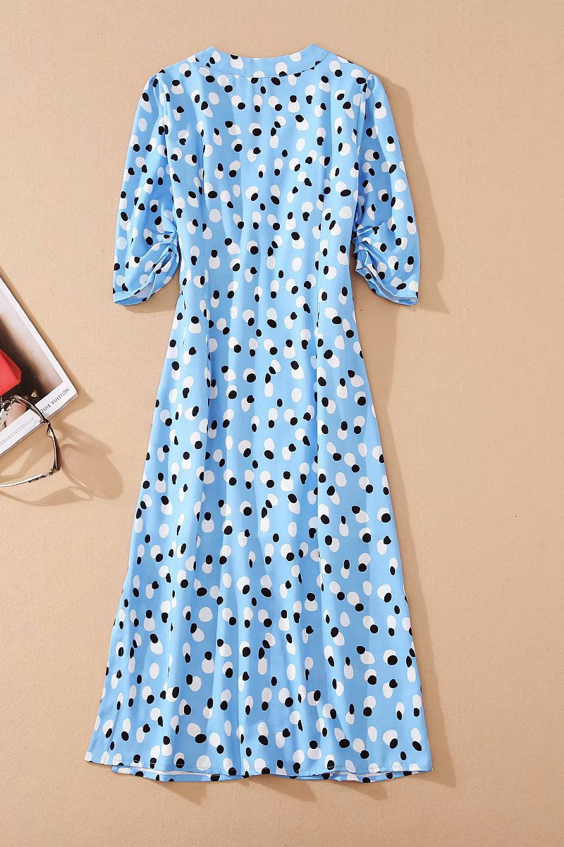 Polka Dot V-Neck Three-Quarter Sleeve Button-Front Midi Dress