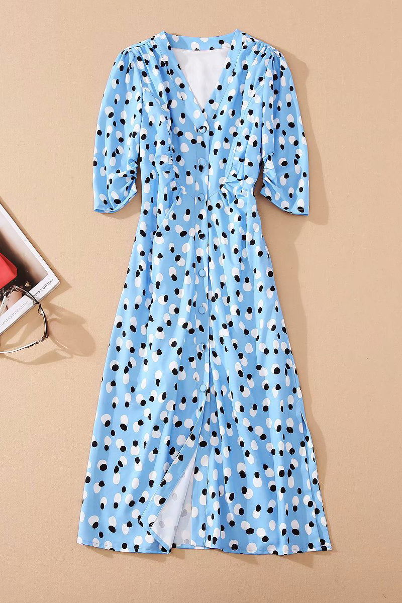 Polka Dot V-Neck Three-Quarter Sleeve Button-Front Midi Dress
