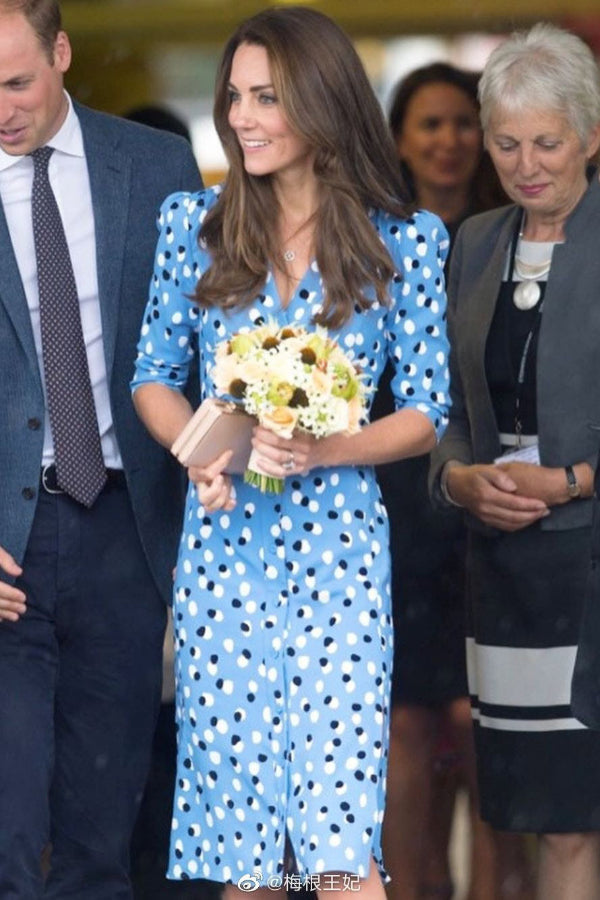 Polka Dot V-Neck Three-Quarter Sleeve Button-Front Midi Dress