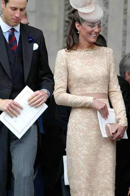 Kate Middleton Champagne Lace Fitted Cocktail Dress